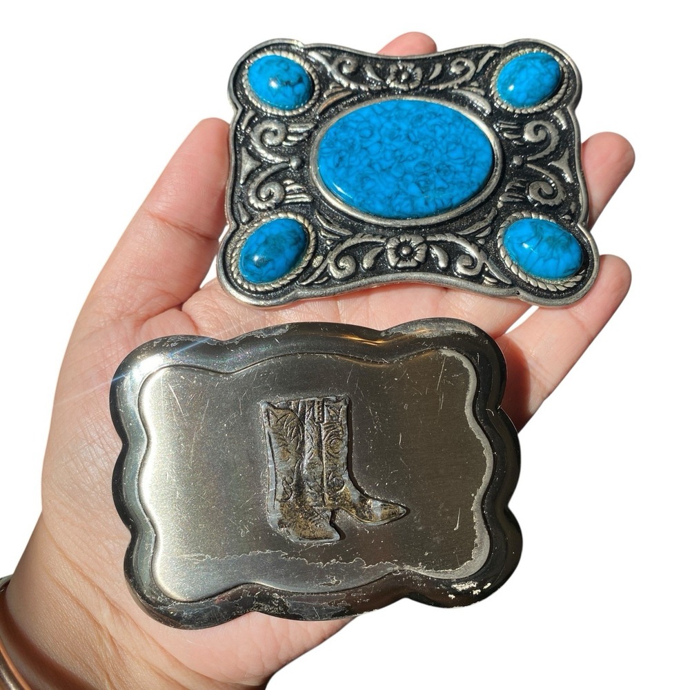 Western Floral Faux Turquoise Retro Design And Cowboy Boots Belt Buckle